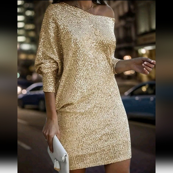 Shiny V-Neck Loose Shoulder Dress, Elegant Long Sleeved Mini Skirt, Suitable For - Picture 1 of 3